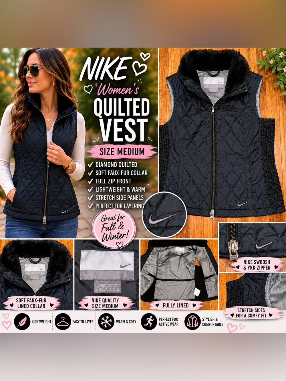 Nike Women's Quilted Vest with Black Accents Women’s Size Medium Gorpcore